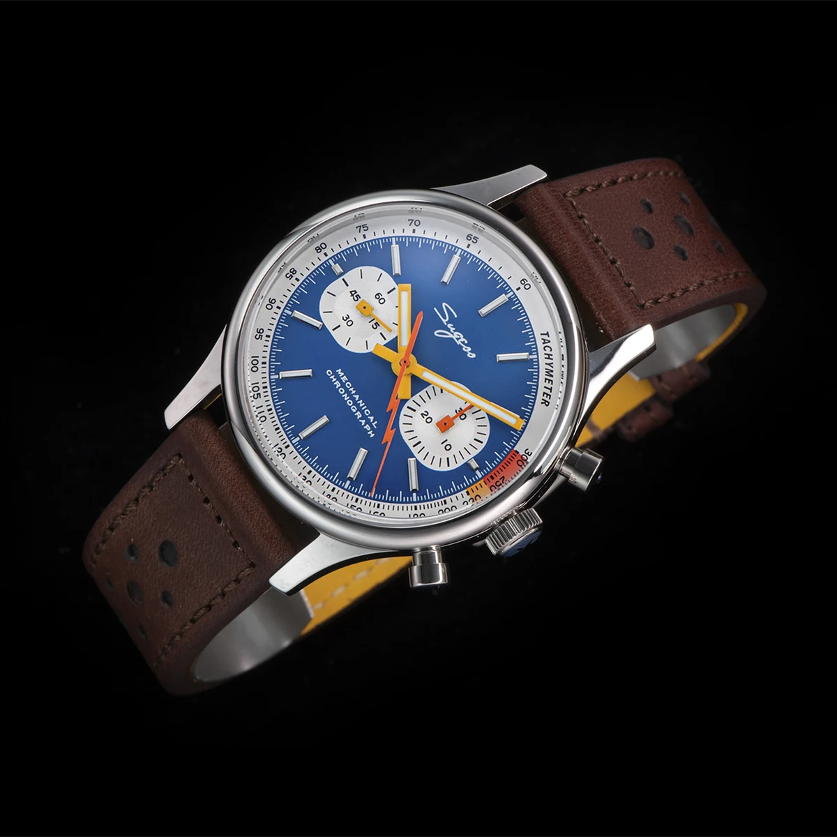 Продажа 1963 Часы-пилот Sugess, механические наручные часы с хронографом, часы Seagull ST19, с сапфировым стеклом, с механизмом Swanneck, с кожаным ремешком