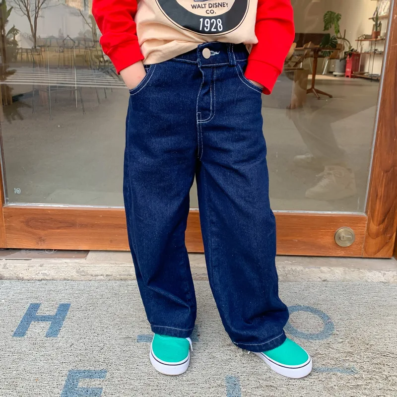 

2022 Spring New Children Pants Girls Dark Blue Loose Jeans