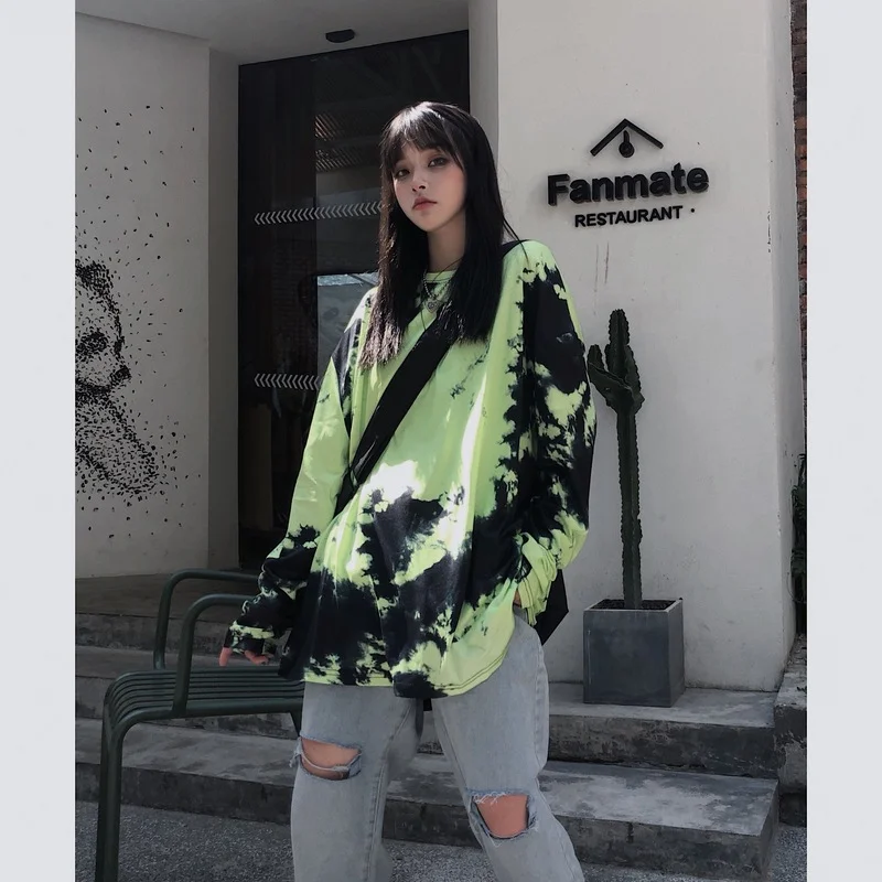 

Korean Version Tide Clothes Tie-dye Long Sleeve Tshirts Fashion Women Autumn Casual Loose Style Harajuku Tops Clothing 2021 New