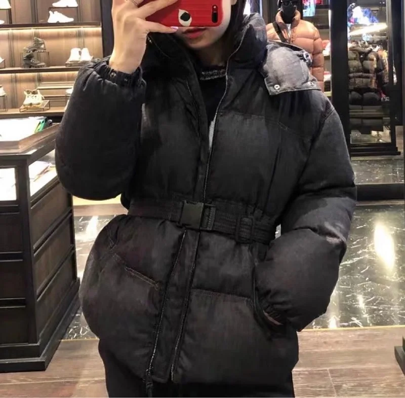 

female warm winter 2022 New in luxury Overcoat navy blue denim casual hooded white goose down coats puffer down jacket women