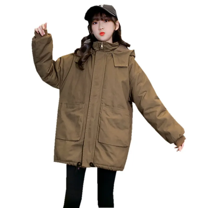 

Children Winter Khaki Fleece Parkas Jacket 2022 Little Boys Girl Fashion Warm Padded Jacket Unisex Teen Thick Outfits Outerwears