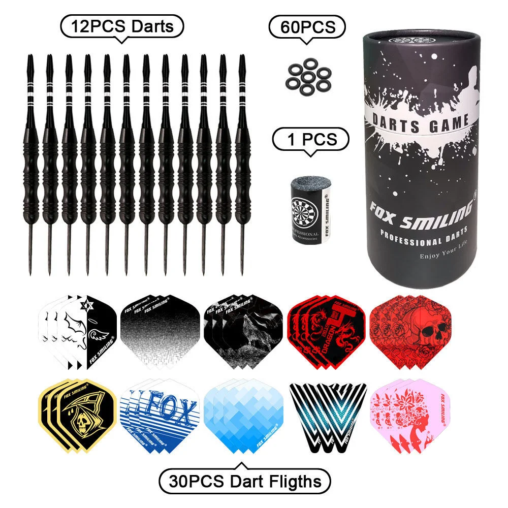 

Fox Smiling 12PCS Dart 22g Steel Tip Darts Aluminum Shaft With 30PCS Flights，60PCS Rubber O Ring, 1PCS Sharpener