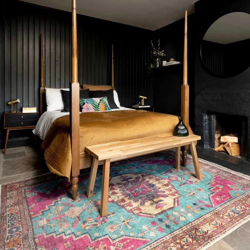 Бирюзово-розовый разноцветный потертый ковер в стиле бохо для гостиной моющийся