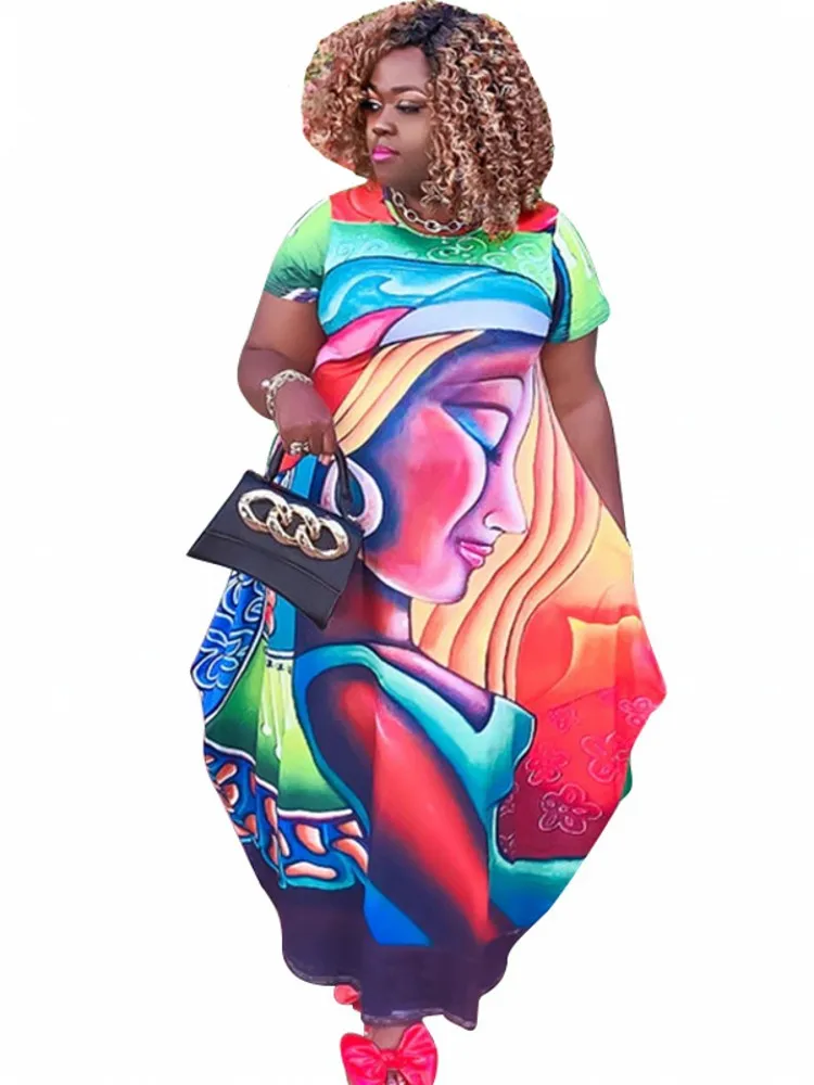 

African Maxi Dresses For Women O Neck Short Sleeve Ropa Mujer Vestido Summer Fashion Print Streetwear Dashiki Robe African Dress