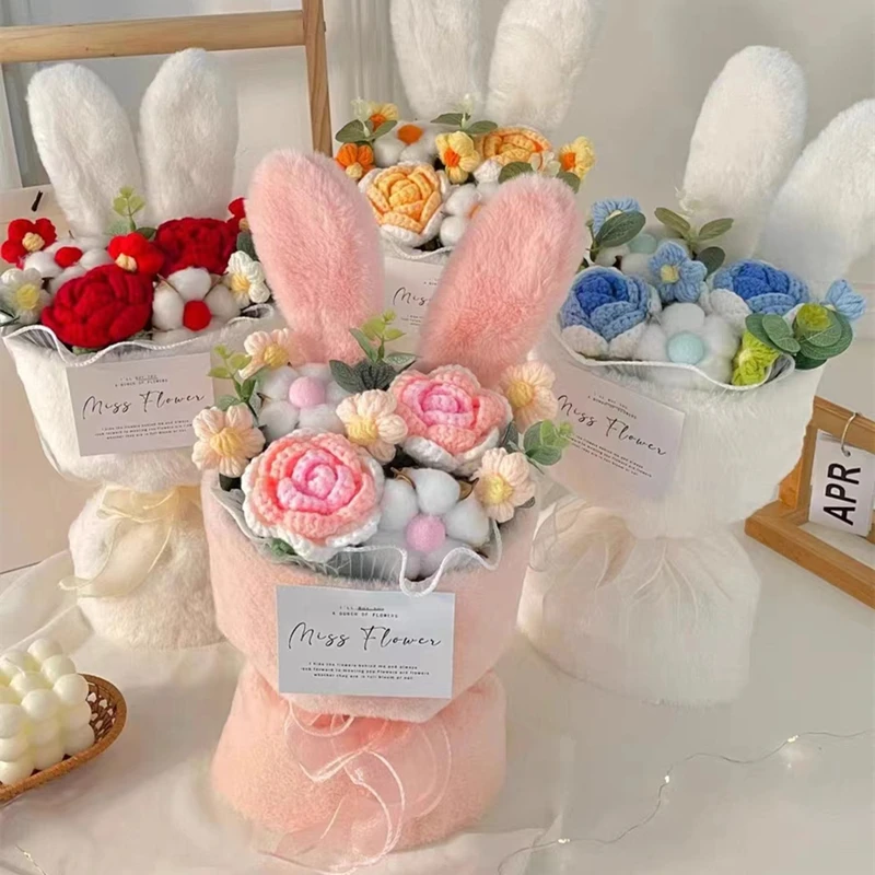 

Cotton rope Artificial Roses Stuffed Plants Handmade Rabbit Ears Holding Bouquets Valentine Mothers' Day Birthday Gifts