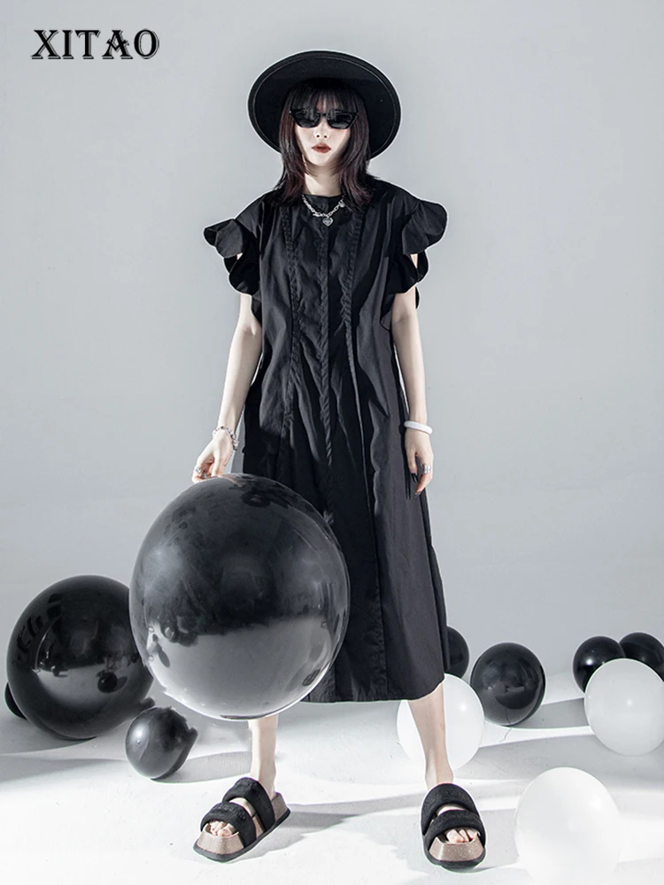

XITAO Folds Splicing Dress Fashion Petal Flying Sleeve Casual Women Summer New Simplicity Temperament Loose Dress WMD6576