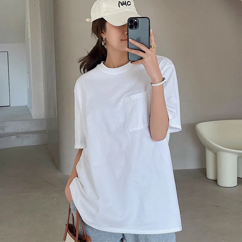

Medium and long white cotton short-sleeved T-shirt BLACK