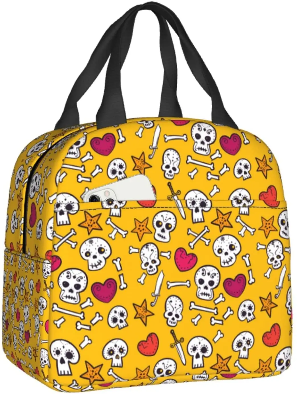 

Insulated Lunch Bag For Kids Skulls And Hearts Reusable Cooler Tote Bag Mini Cooler For Adult Office Work Picnic Beach Travel