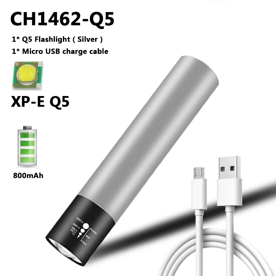 Светодиодный фонарик XM-L T6 с зарядкой от USB встроенный аккумулятор 1200 мАч 18650
