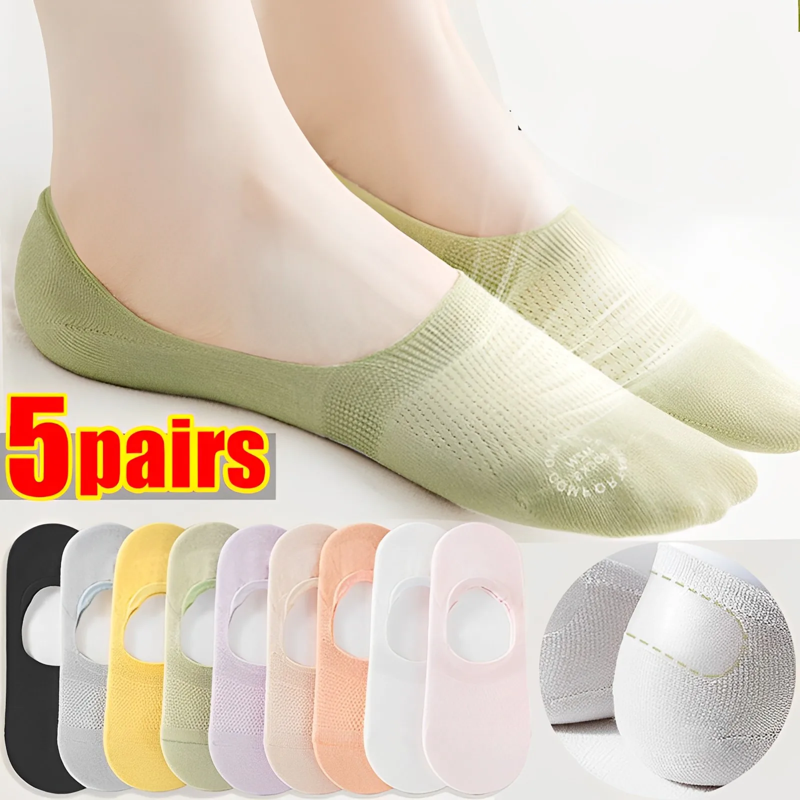 

5Pair Summer Women Invisible Boat Socks Mujer Silicone Non-slip Chaussette Ankle Low Female Cotton Show Breathable Calcetines