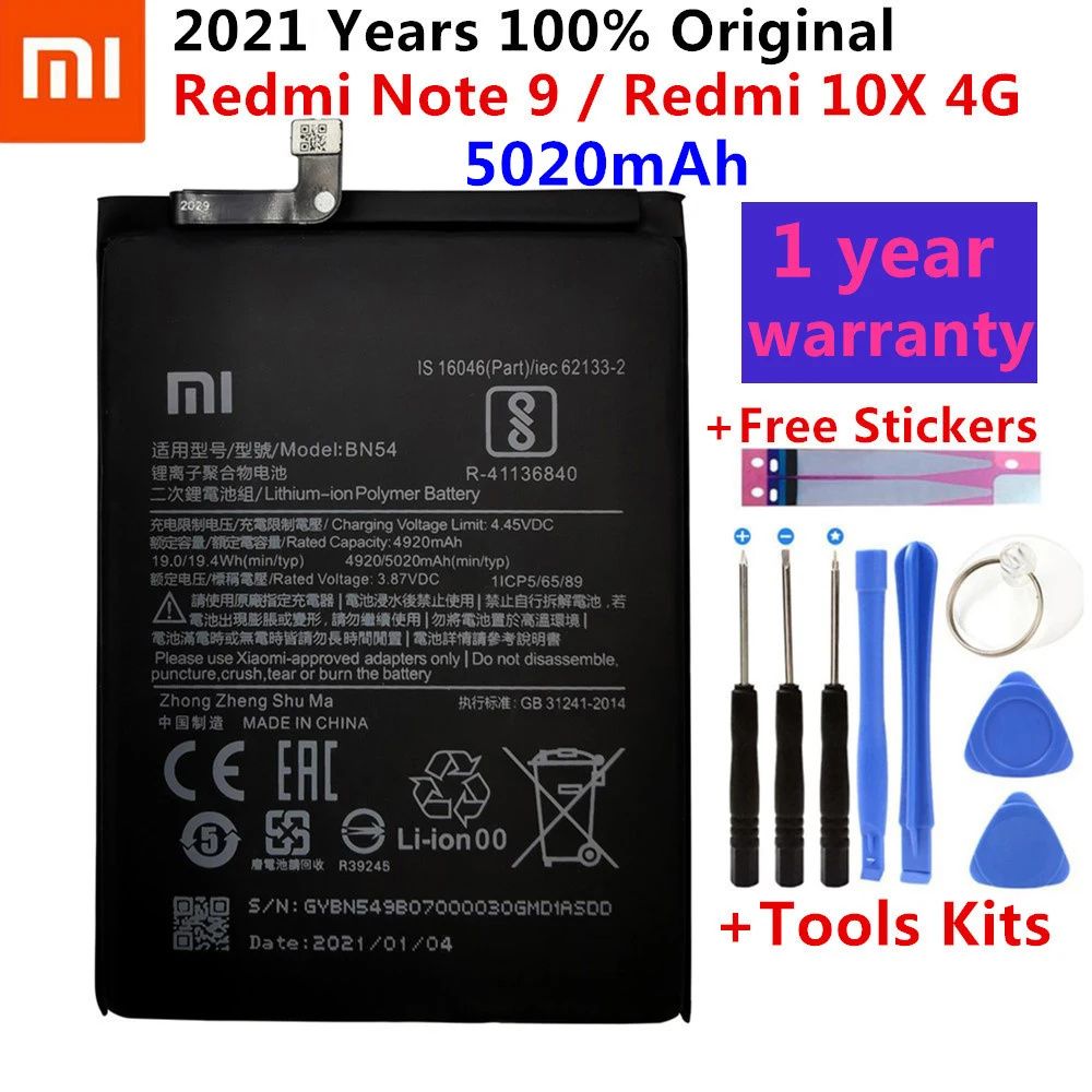 

100% оригинальный сменный аккумулятор XIAOMI BN54 для Xiaomi Redmi Note 9 Redmi 10X 4G оригинальные телефонные батареи 5020 мАч + Бесплатные инструменты
