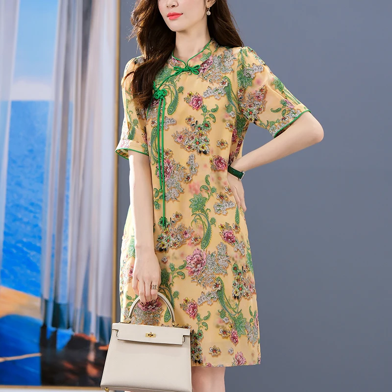 100% Real Silk Women's Summer Dresses 2023 Elegant Short Sleeve Floral Dress A-line Chinese Style Woman Vintage Cheongsam Dress