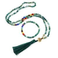 fashion 108 mala tribal jewelry green stripe onyx stone knotted 7 chakra beaded necklace for women men life tree ethnic necklace