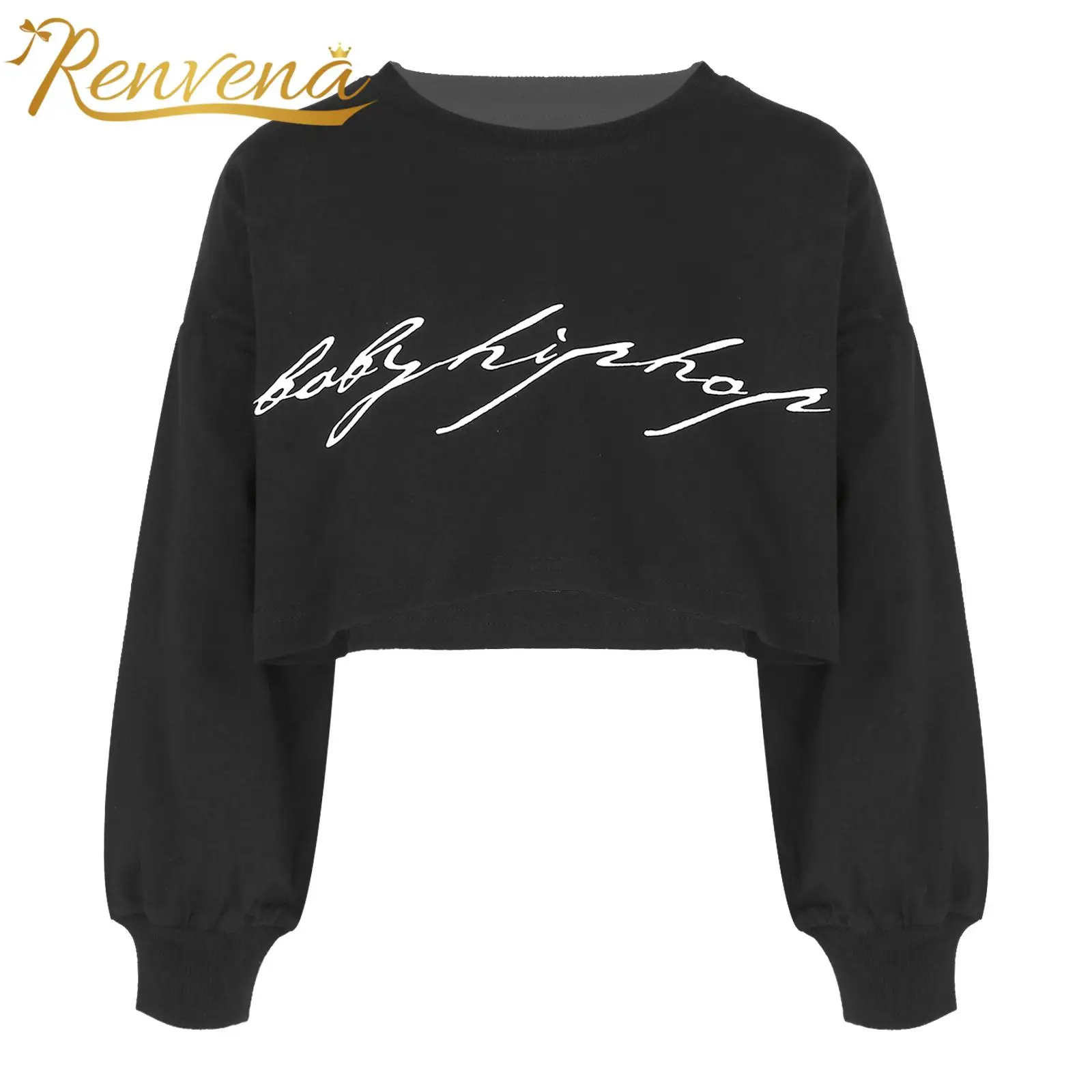 

Детская футболка для девочек, спортивные топы, одежда для джазовых танцев в стиле хип-хоп, короткий топ с длинными рукавами и круглым вырезом и надписью для гимнастики и тренировок