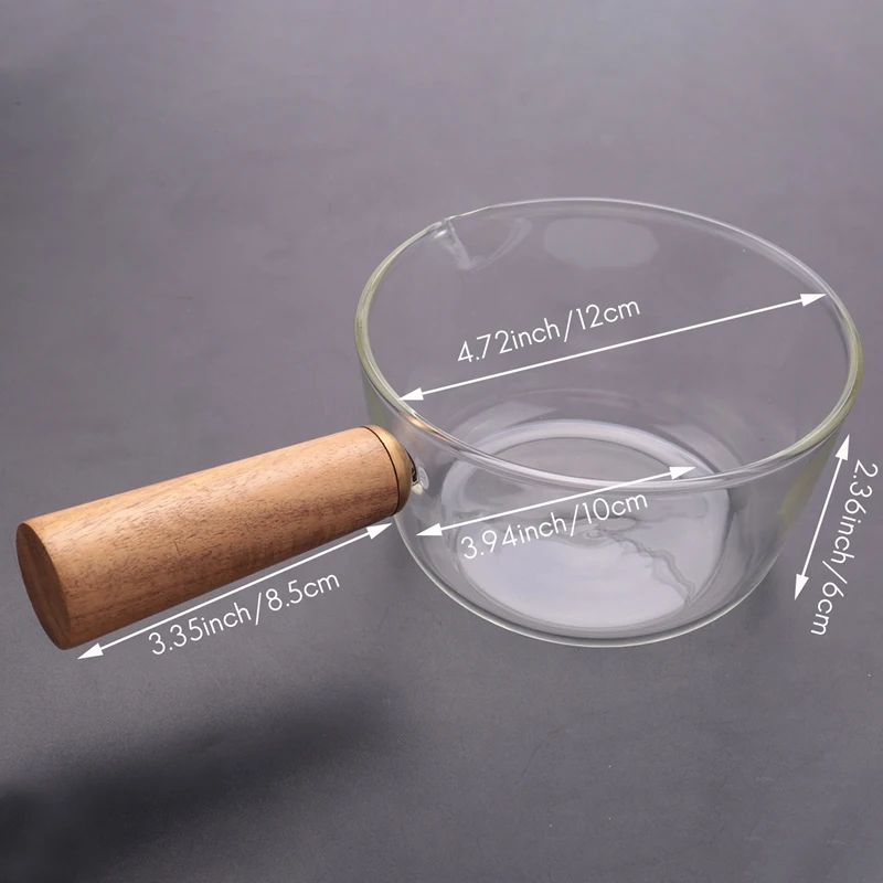 Стеклянная молочная кастрюля с деревянной ручкой 400 мл для приготовления салата