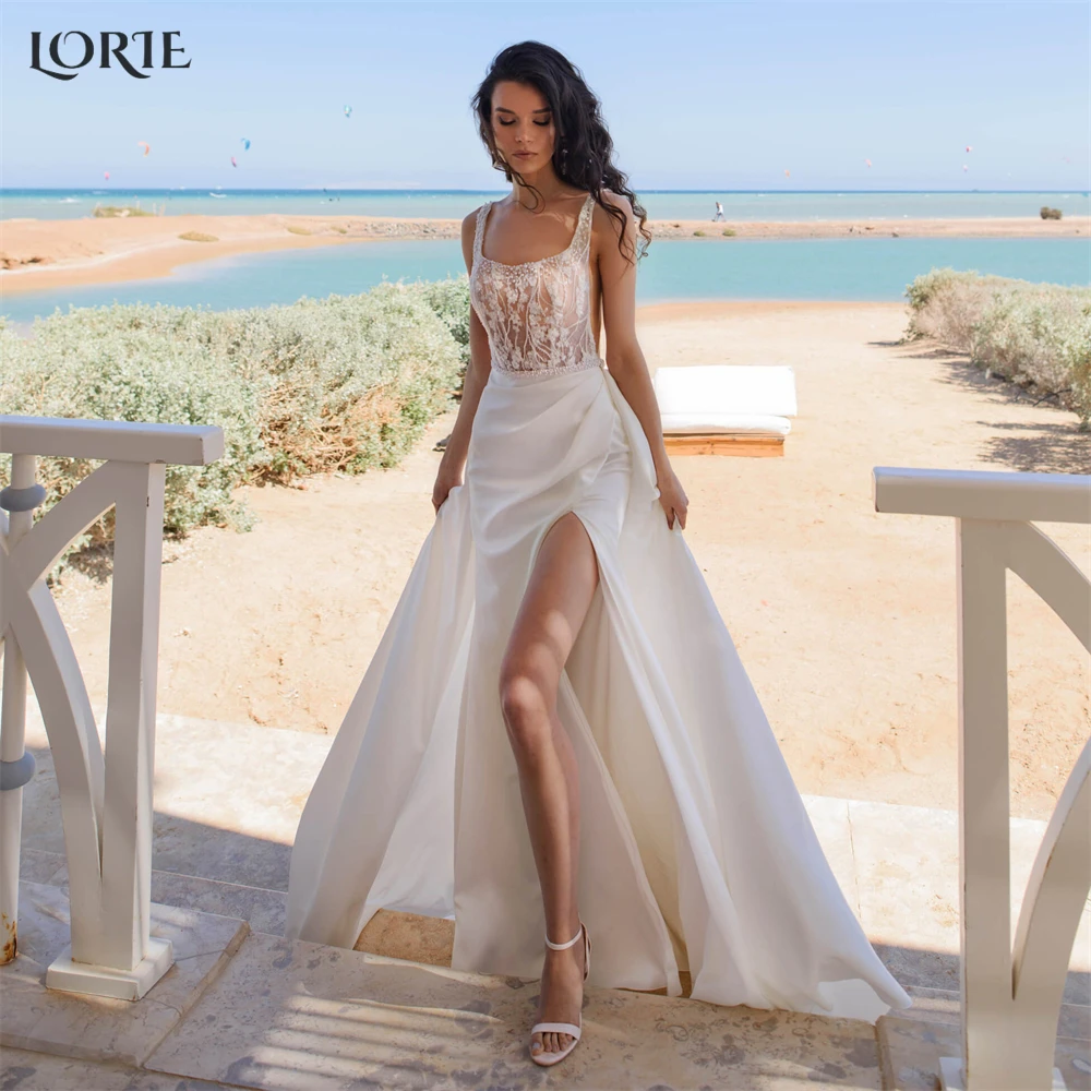 

Роскошное кружевное платье LORIE с юбкой-годе с квадратным воротником, Плиссированные Свадебные платья со съемным шлейфом и Боковым Разрезом, платье невесты