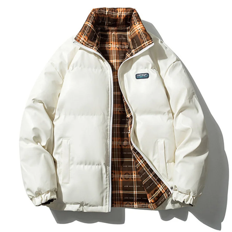 Winter PU Leather Jacket Men Thermal Thicken Parka Plaid Reversible Coats Korean Fashion Streetwear Waterproof Padded Jackets