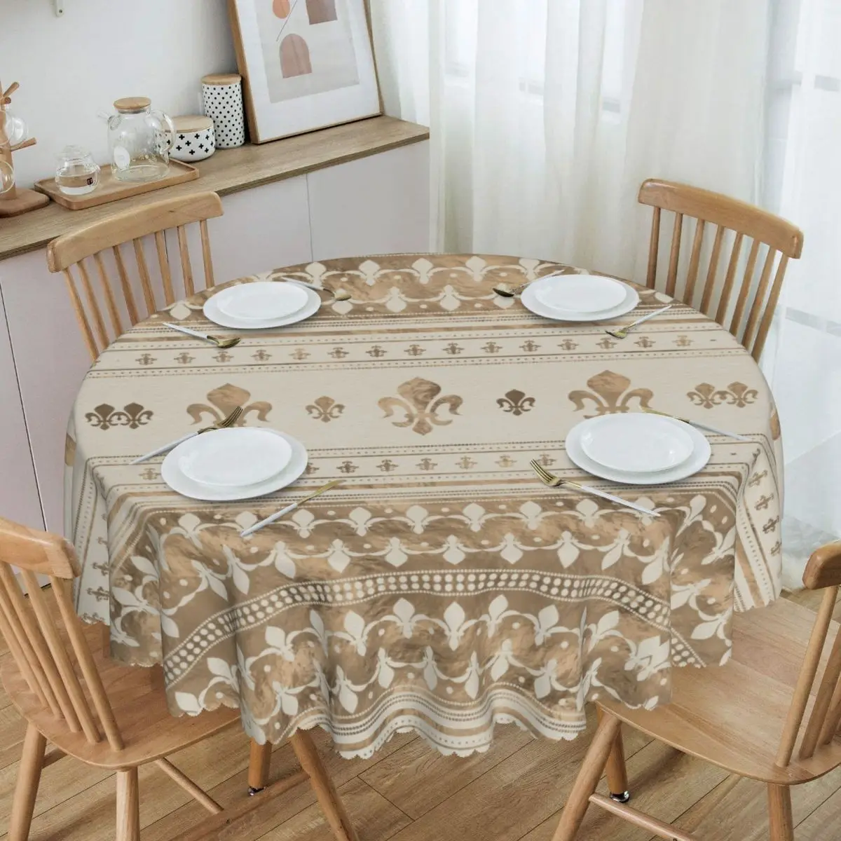 

Pastel Gold Fleur De Lis Round Tablecloths 60 Inches Fleur-De-Lys Lily Flower Table Covers for Parties Table Cloth