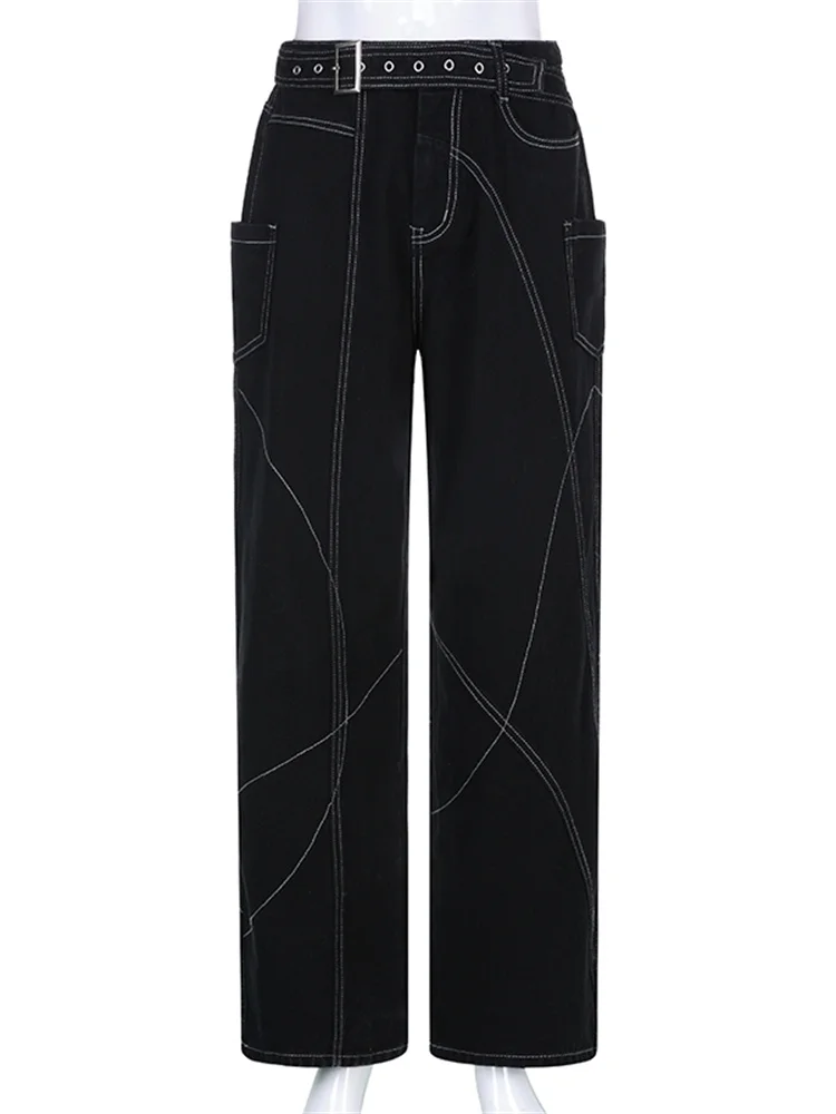 

2023 New Gothic Black Wide Leg Jeans With Belt Women Dark Academic Denim Trousers Hip Hop Streetwear Grunge Fairycore Punk Pants