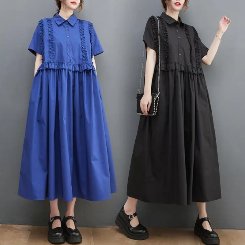 Женское Плиссированное Платье #3319 черное синее платье-рубашка с оборками