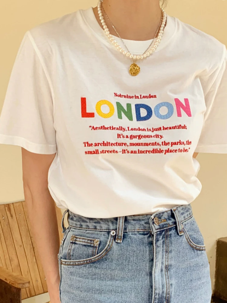 

Women Letter Print Graphic T-shirts 2022 Summer Cotton Round Neck Casual Classic Female Tees Tops Simple Cozy Office Lady Tshirt