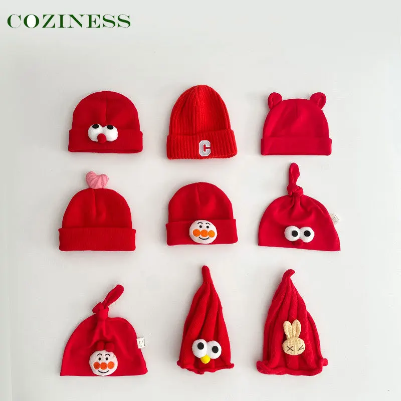 

Newborn Baby Hat Red Soft Comfortable Cotton Cute Cartoon Style Keep Warm Windproof Hat New Year Atmosphere Cap Autumn Winter