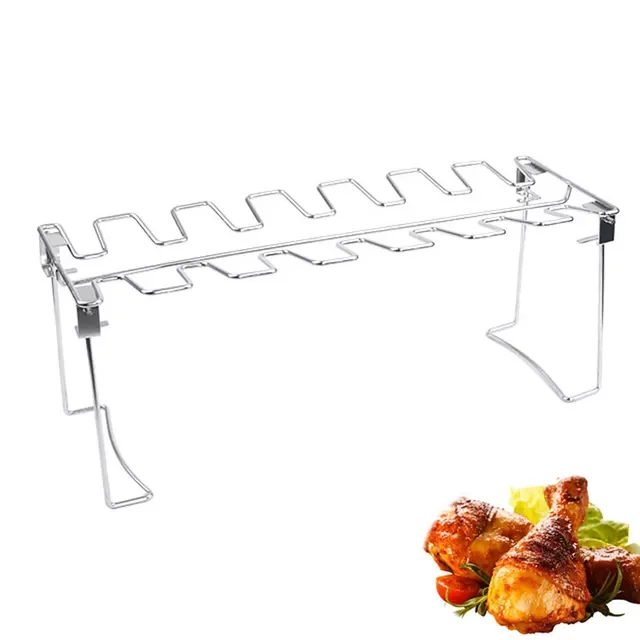 

2022New Beef Chicken Leg Wing Grill Rack 14 Slots Stainless Steel Barbecue Drumsticks Holder Oven Roaster Stand with Drip Pan To