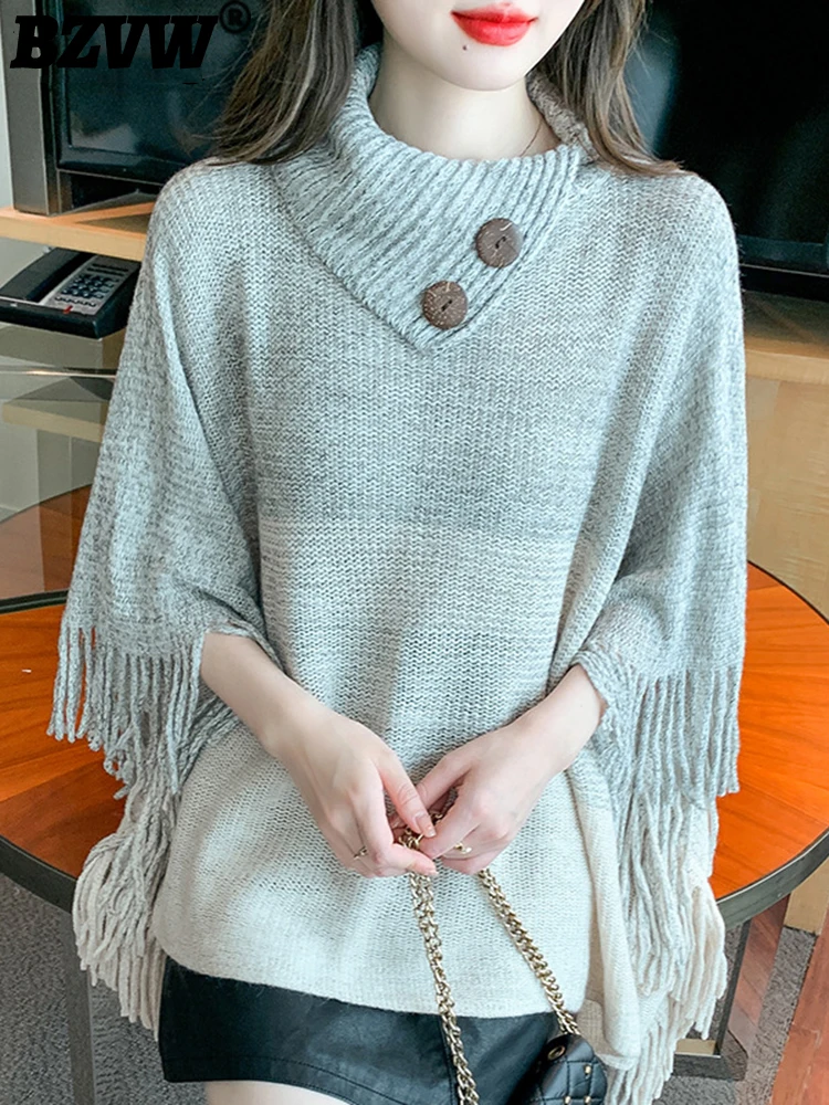 

BZVW 2023 Autumn Winter New Contrast Color Shawl Women's Casual Versatile Tassles Designer Cape Style Cloak Top Female 25X3084