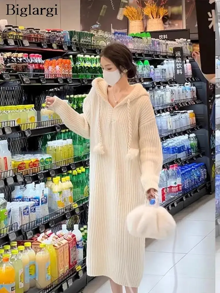 

Вязаные толстовки, пуловер, осенне-зимнее платье миди, женские корейские свободные повседневные женские платья, модное женское платье с длинным рукавом, 2023