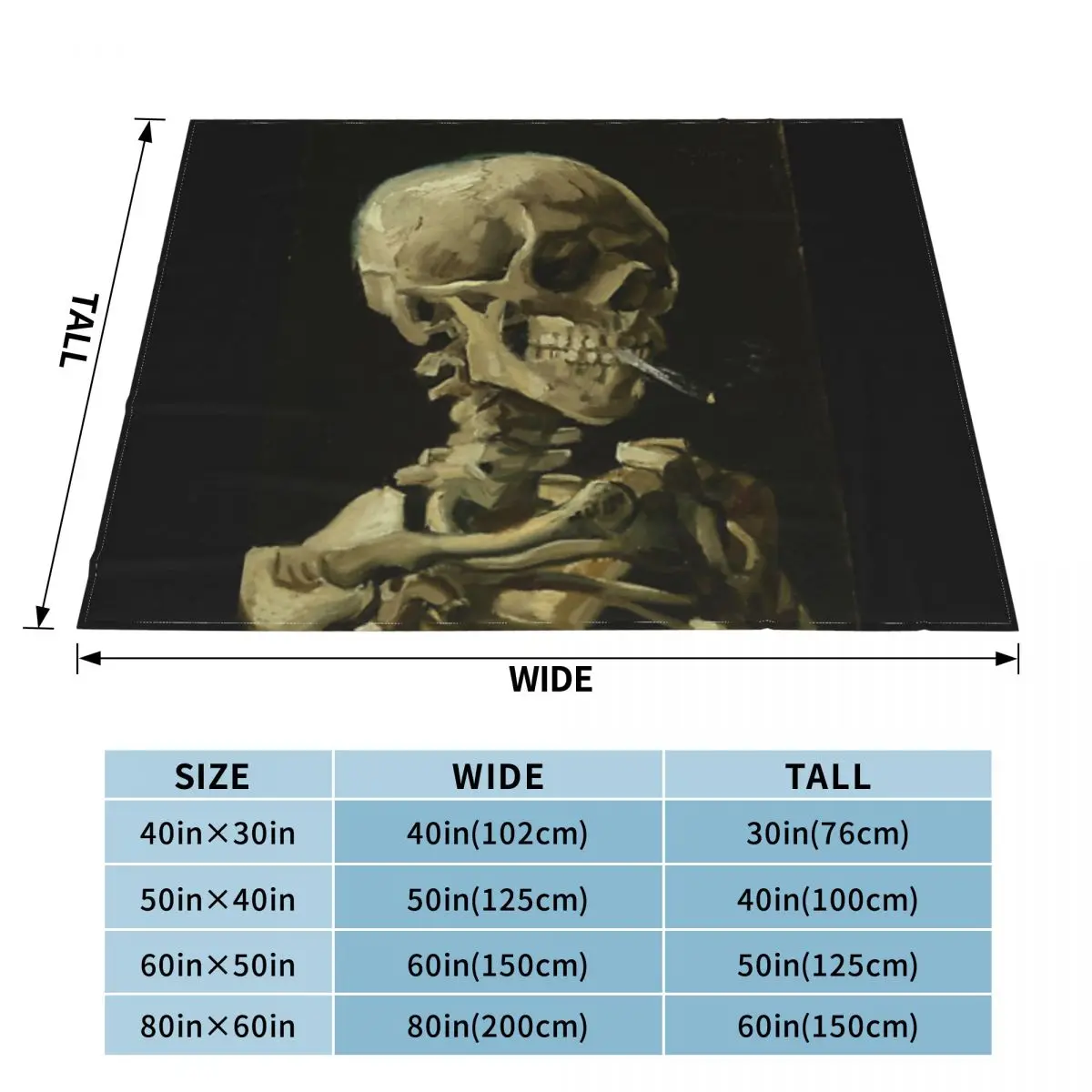 Череп скелета с горящей сигаретой — ультрамягкое одеяло из микрофлиса Ван Гога