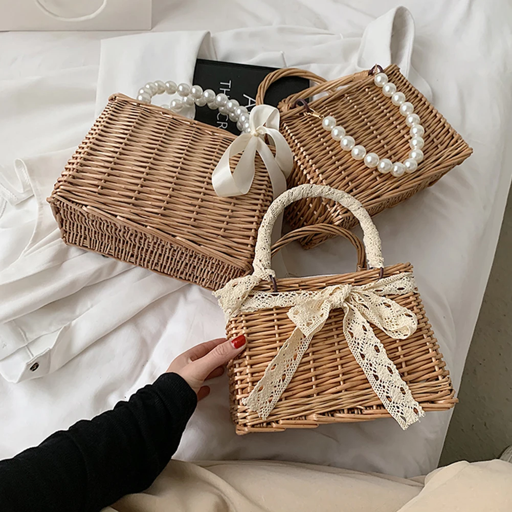 

Handmade Woven Purse Wicker Beach Handbag Fashion Women Pure Color Rattan Woven Pearl Basket Handbag Mini Tote Lunch Bags