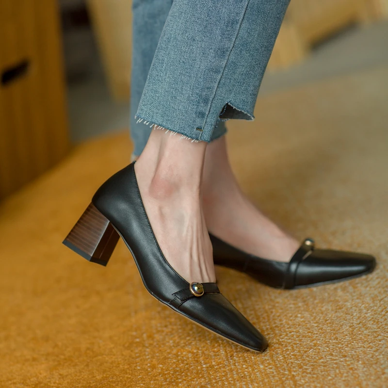

Vintage Women Shoes Fashion 2021 Spring Shallow Shoes for Women Cow Leather Square Toe High Heels Shoes Woman Zapatos De Mujer