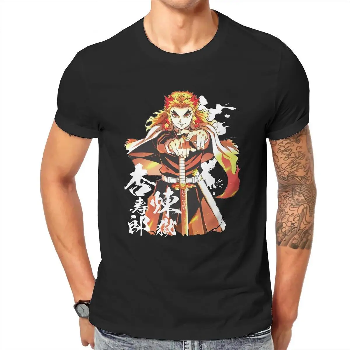 Men's T-Shirt Demon Slayer Rengoku Anime  Casual 100% Cotton Tees Short Sleeve Kimetsu No Yaiba T Shirt Clothing Plus Size