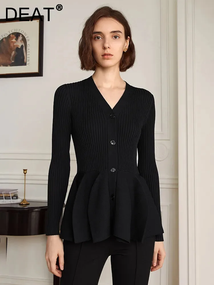 

Женский трикотажный кардиган DEAT, однобортный облегающий свитер с V-образным вырезом, длинными рукавами и воланами, 7AB1887, зима 2023