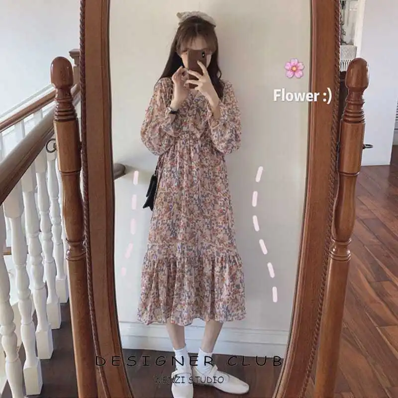 

Spring And Autumn New Chiffon Dress Mid-Length 2021 French Gentle Floral Long-Sleeved V-neck Dress For Women