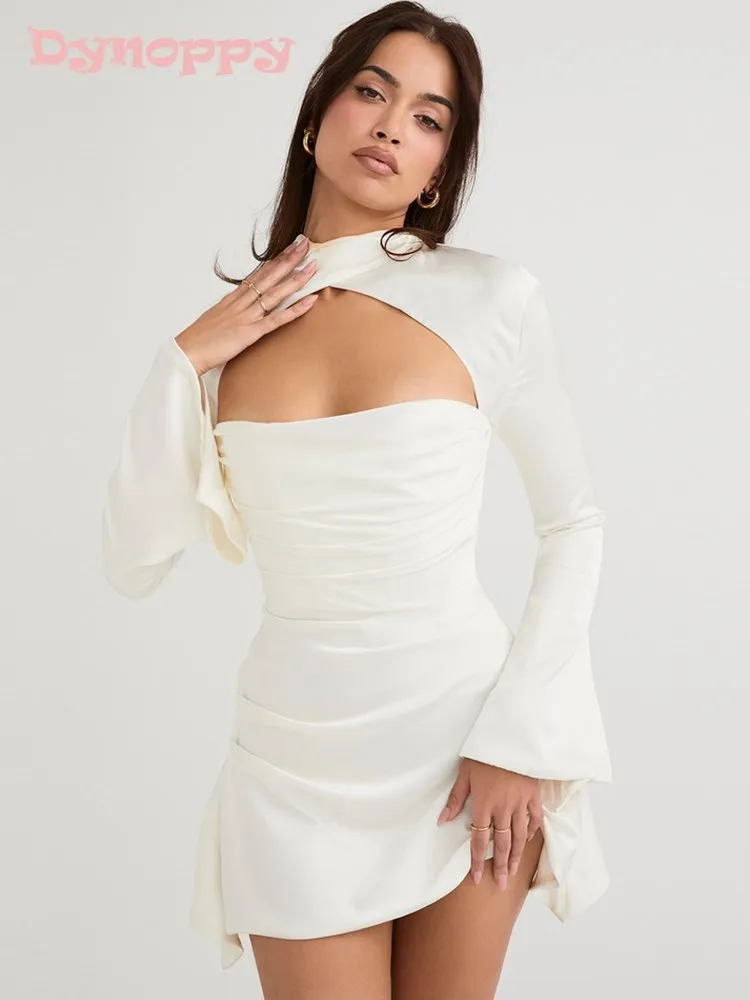 

Dynoppy Summer New Stylish Sexy Mini Dress Party Vacation Outfits Chic Button Pleated Backless Satin Long Sleeve White Dress