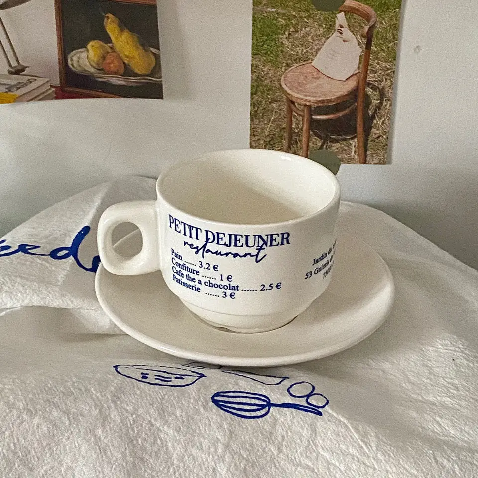 

Retro Blue English Pure White Coffee Cup Ceramic Coffee Mugs with Tray