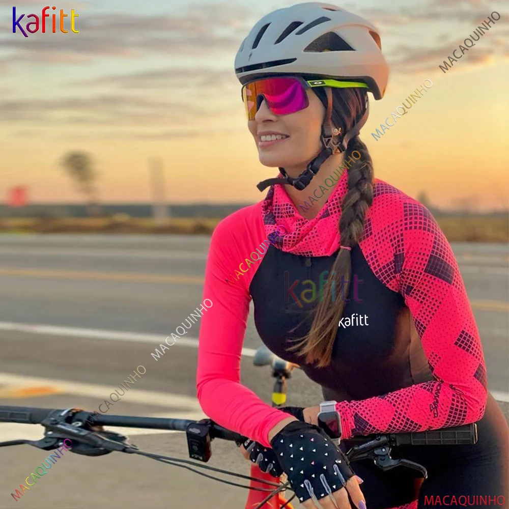 Kafite Women's Cycling Monkey Pink Triathlon Bike Fitness Jumpsuit Cyclist Clothing Long Sleeve Set Macaquinho