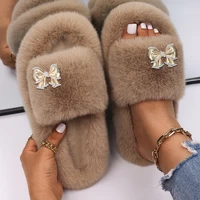 faux fur slides flat sandals cute golden bow fluffy slippers fashion platform shoes for women luxury high quality fur slippers
