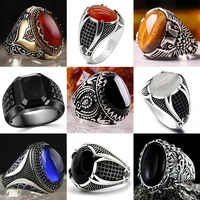 vintage silver color engraving pattern black oval crystal rhinestone zircon male ring for men party jewelry accessories