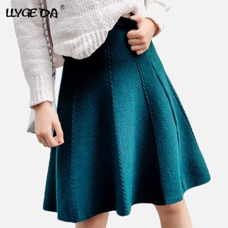 

Solid High-Waisted pleated Skirts Womens 2020 Elastic Knitting Women's Skirt A-line Streetwear Midi Bottom Spring Female Cloths