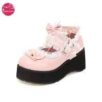 women fashion wedges high heel bow buckle strap platform round toe cosplay lolita mary janes shoes sweet strap bow hairball pink