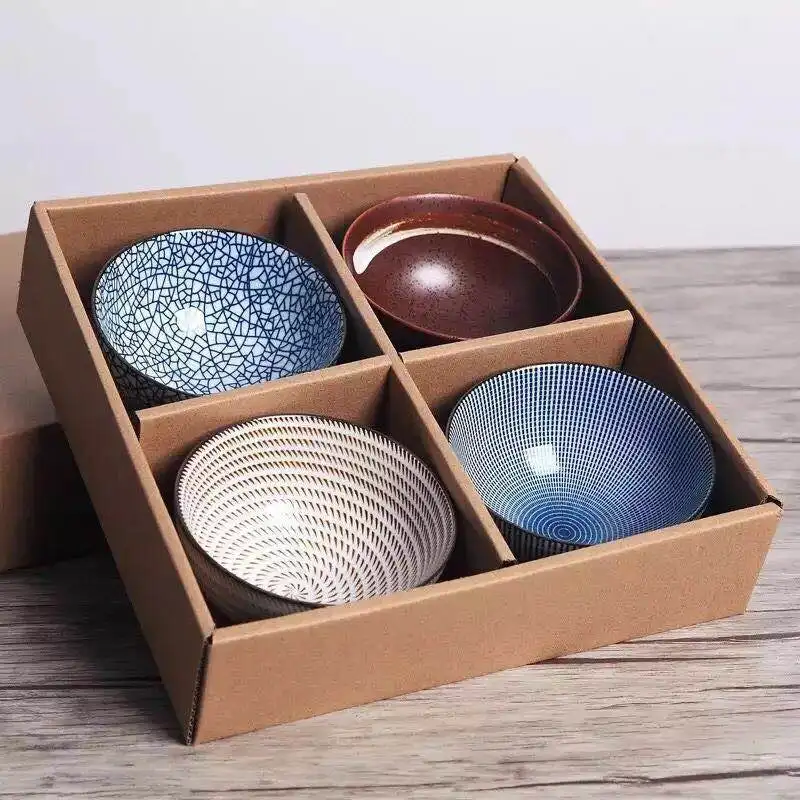 

4-piece set of traditional Japanese ceramic tableware 4.5 inch 300ml ceramic rice bowl with gift box tableware set best gift
