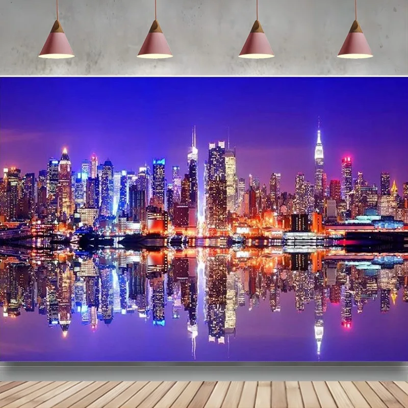 

City Night Scene Backdrop Famous Landmark High Building Reflect River Background for Party Decoration Birthday Kids Studio Props