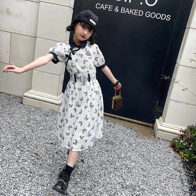 

Girls' Floral Dress 2022 Summer New Button Chinese Style Improved Cheongsam Black and White dress