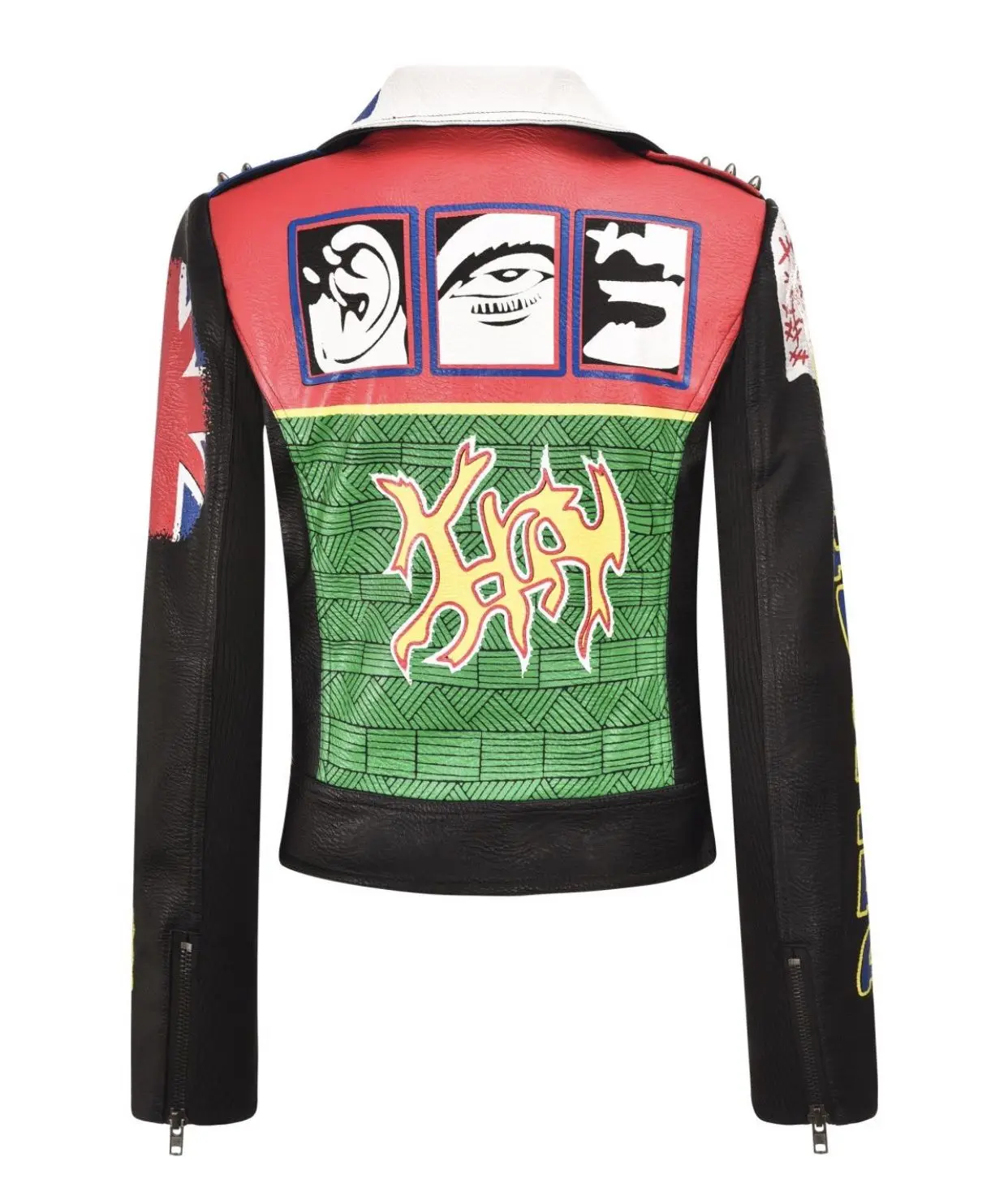 Women's autumn and winter new street rock punk pattern printing personality metal badge rivets short leather jacket spot