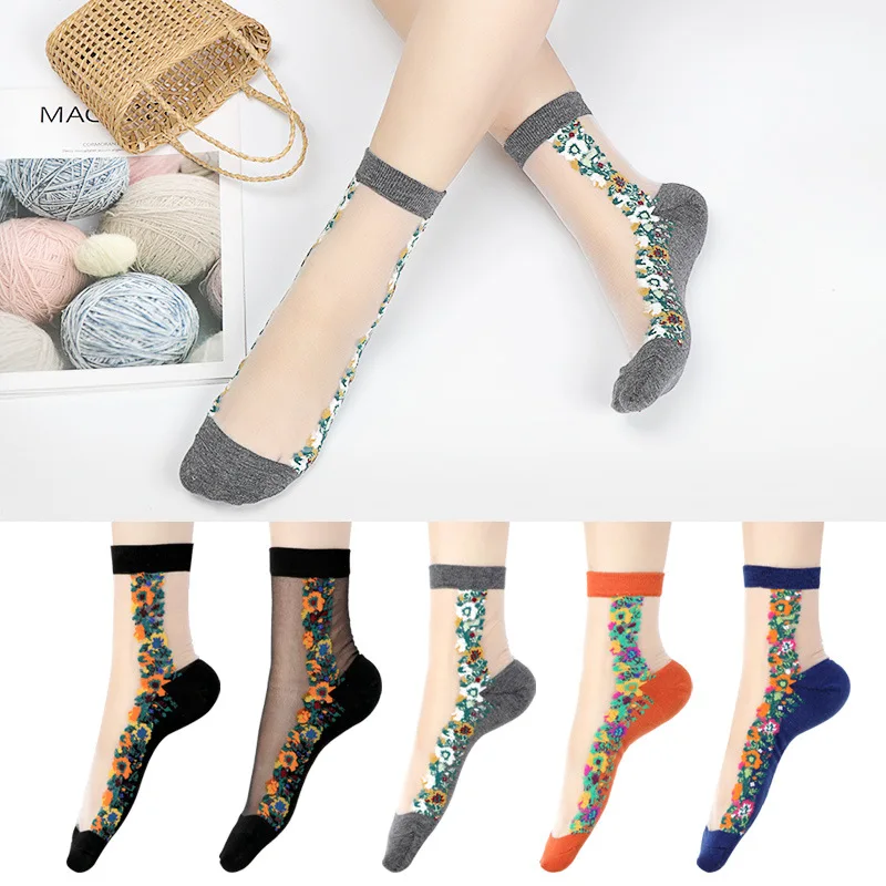 

Cute Ladies Summer Thin Socks Fashion Trend Short Socks Side Flower Women's Socks Small Daisy Personality Medium Tube Silk Socks