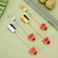 kawaii dessert fork spoon stainless steel fruit coffee tableware golden cutlery for children picnic gift set kitchen accessories