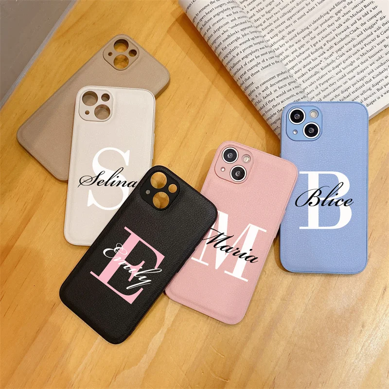 

Custom Personalised Initial Name Letter Leather PU Case for iPhone 13 11 12 Pro Max X XR 7 8 Plus Soft Sides Cover for iPhone 13
