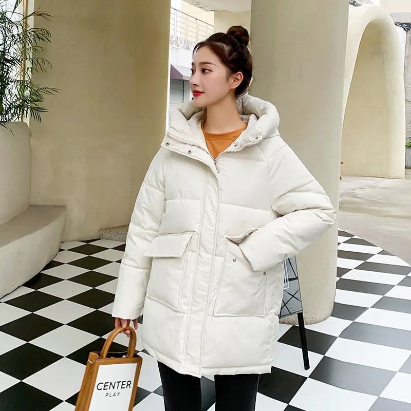 Autumn Winter Thicken Warm Medium Long Chic Parka Women Casual Sweety Solid Color Big Pocket Loose Hooded Coat Jackets Outwear
